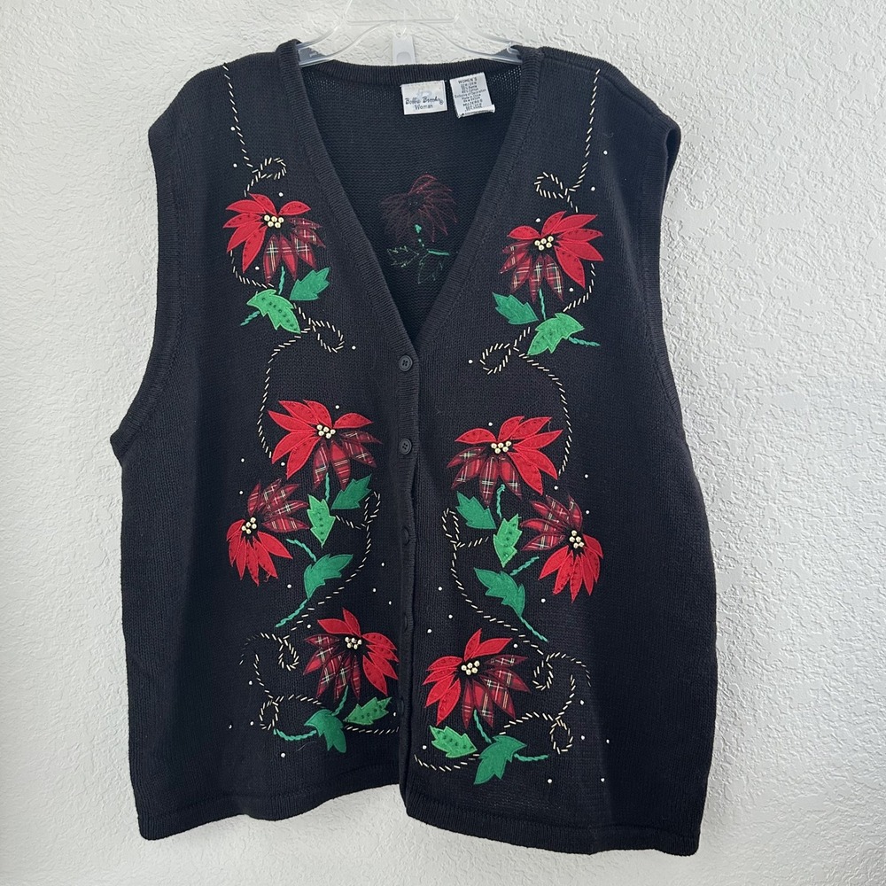 Bobbie Brooks Woman Black Knit Sweater Vest 22W/24W Christmas‎ Poinsettia Vtg